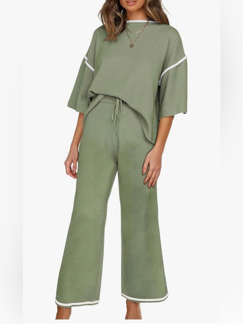 SHEWIN Women's 2-Piece Outfit w/ Short Sleeves & Matching Wide Leg Pants Size XL